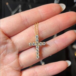 Gold Cross Pendant Necklace with Moissanite Stones - Women's Jewelry